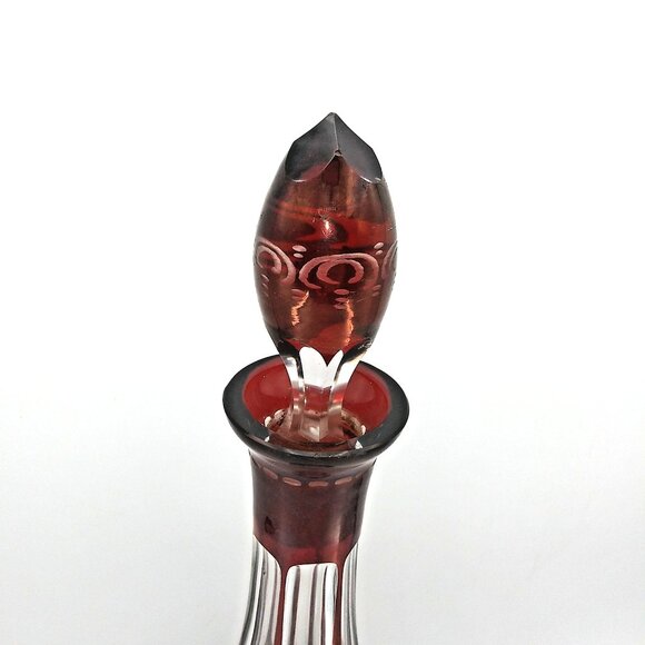 Czechoslovakia 15" Decanter Christmas Holiday Cranberry Red Crystal Cut to clear - Picture 7 of 10